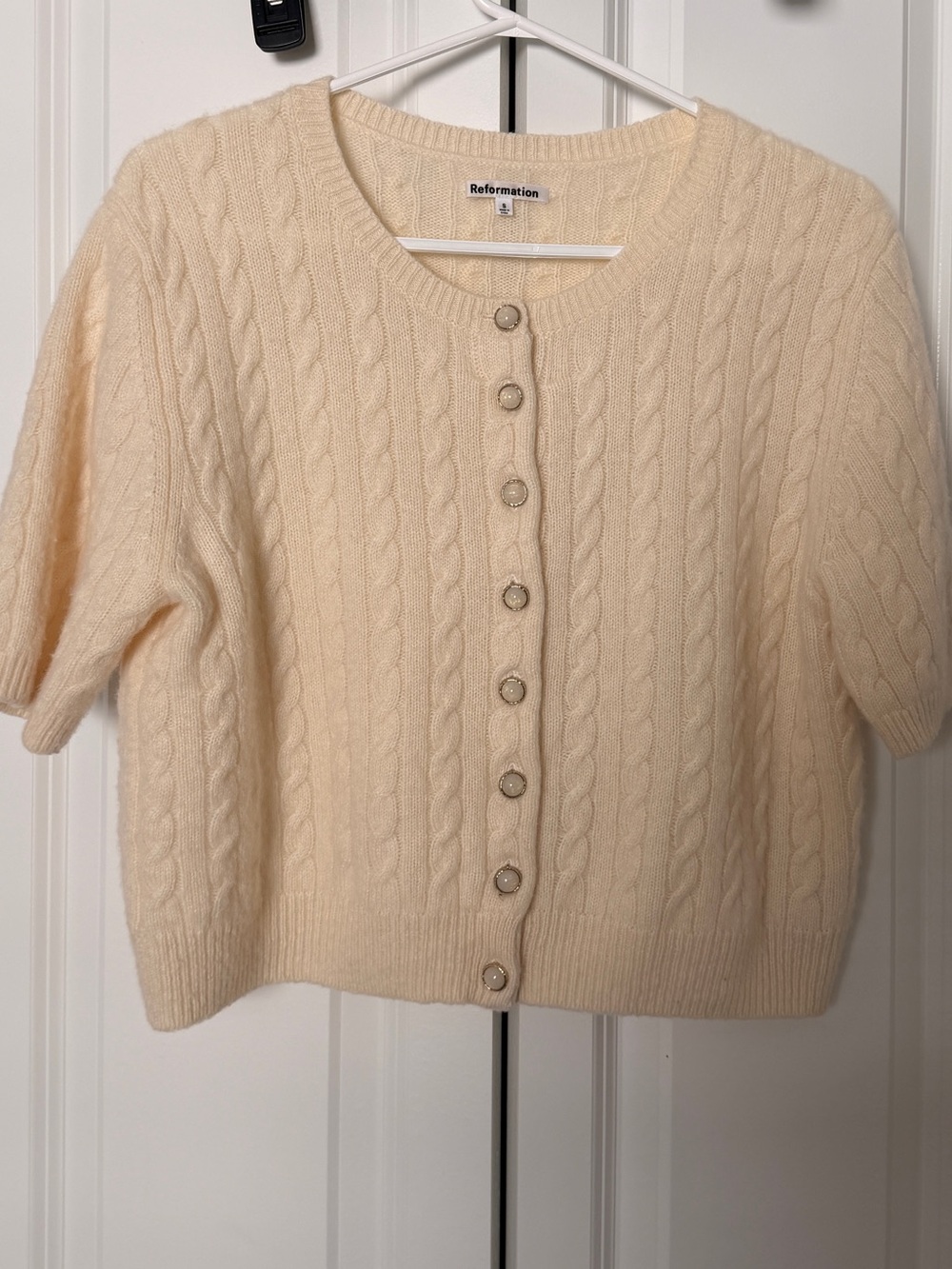 Reformation Cashmere Cream Cable Knit Short-Sleeve Cardigan
